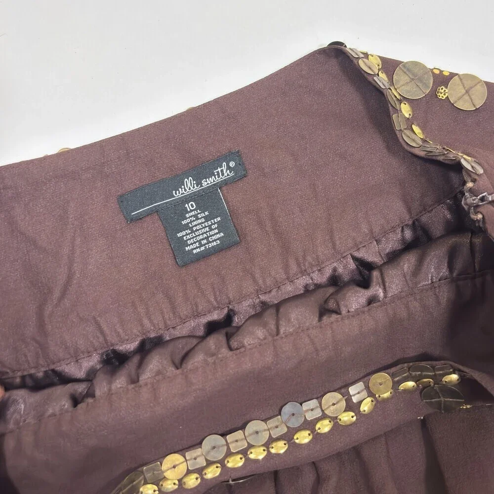 Willi Smith Brown Silk Midi Skirt Gold Sequins - Size 10